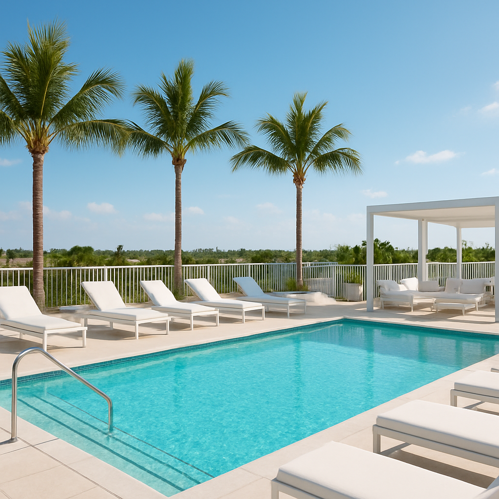 Sunlit rooftop pool deck with white furniture and palm trees in Fort Lauderdale