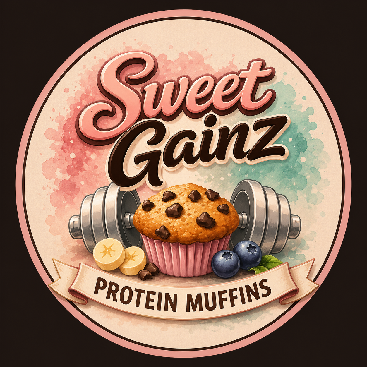 Circular watercolor Sweet Gainz Protein Muffins badge